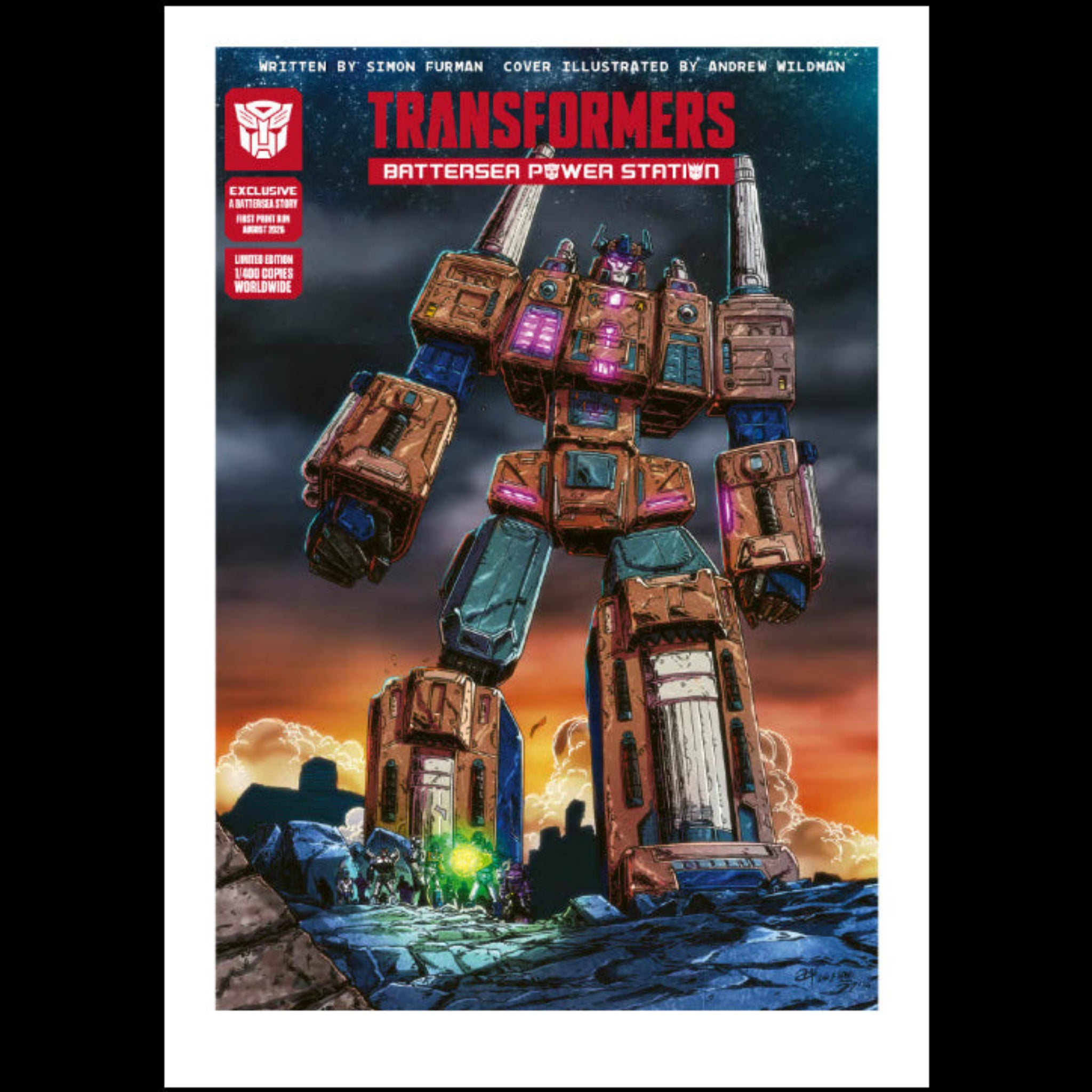 Transformers Battersea Power Station comic book cover featuring a large rusty robot standing in a ruined industrial landscape at sunset, with the Transformers logo and issue text on the cover.