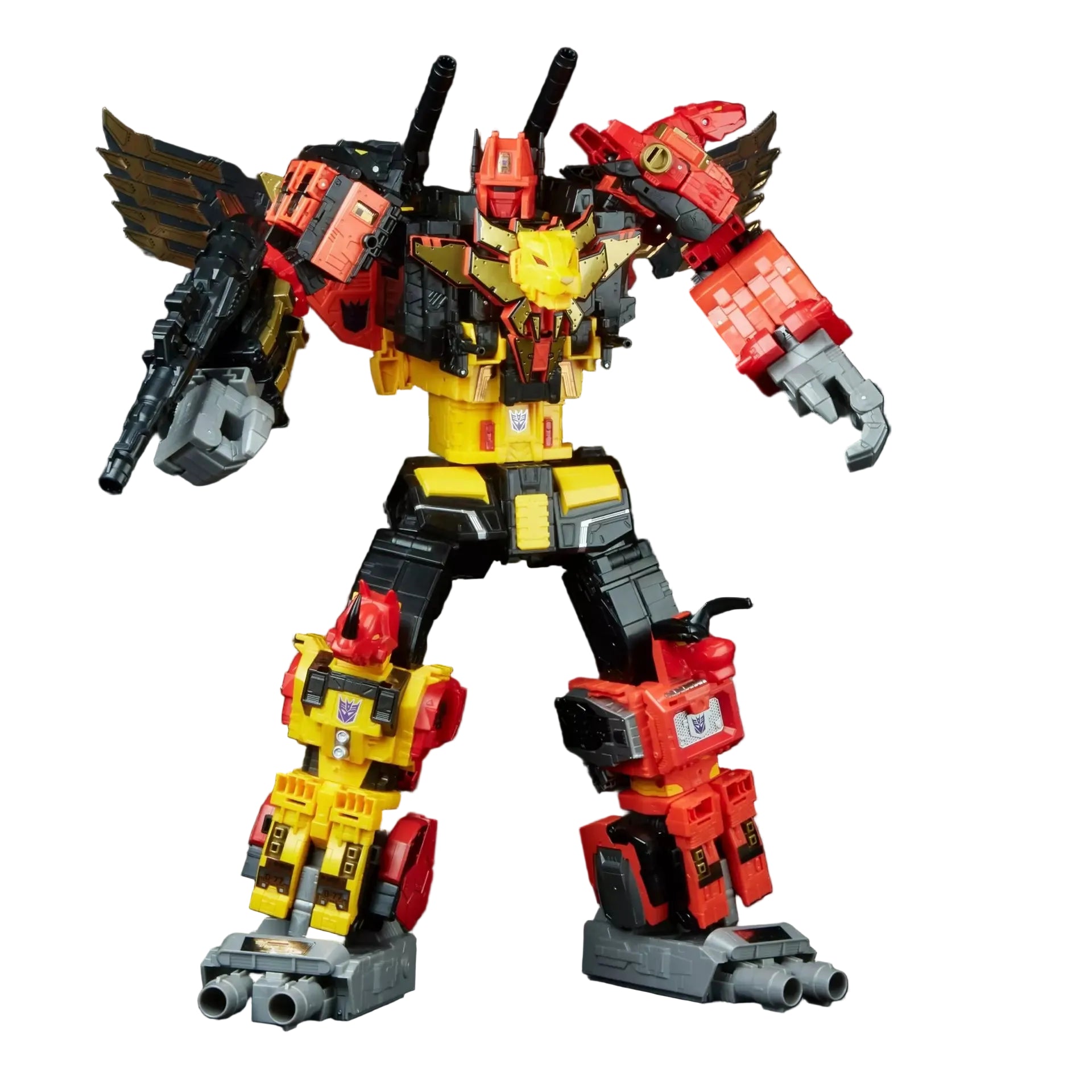 Transformable robot toy with red, yellow, and black colors on a dark background