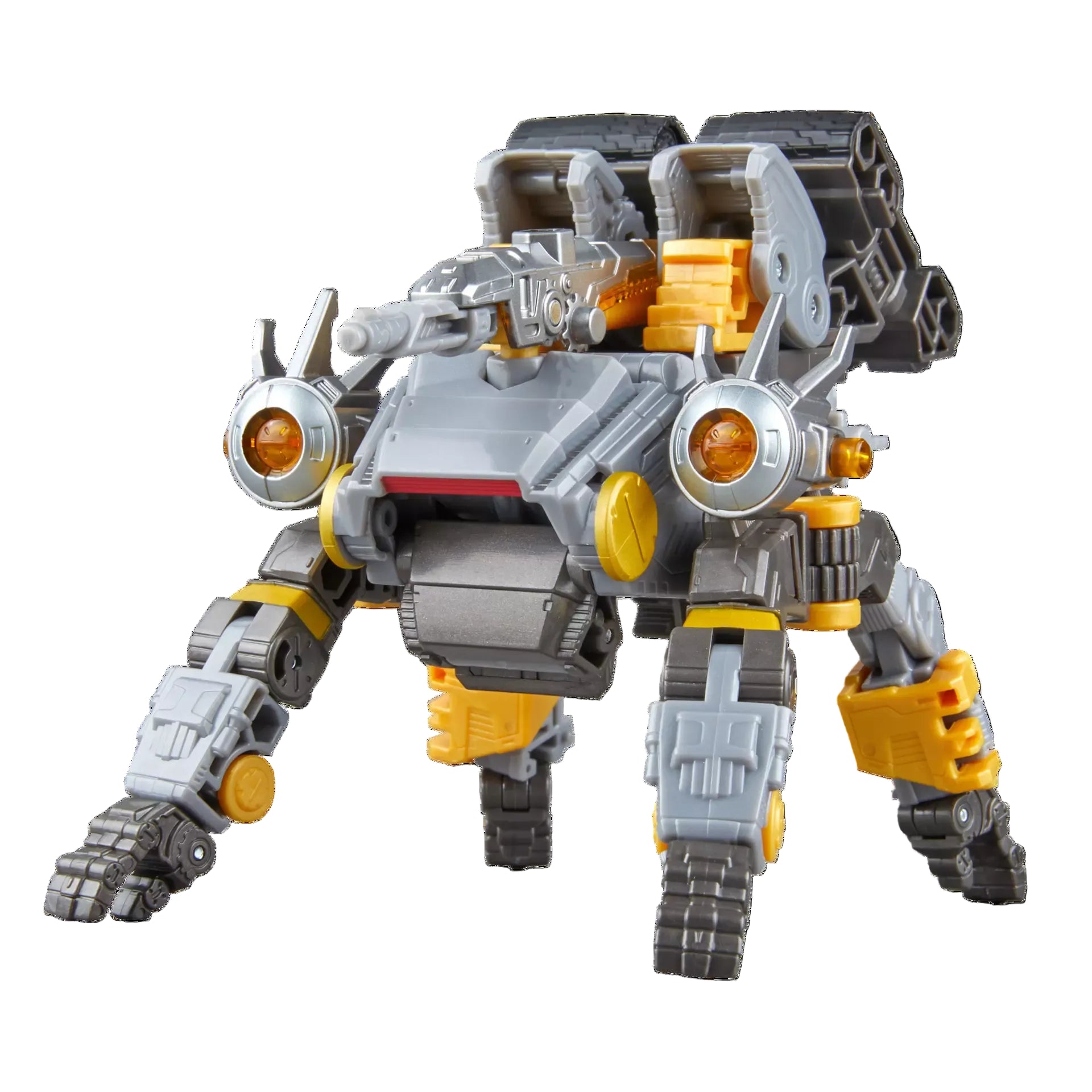 Toy robot figure with gray, yellow, and black colors on a white background