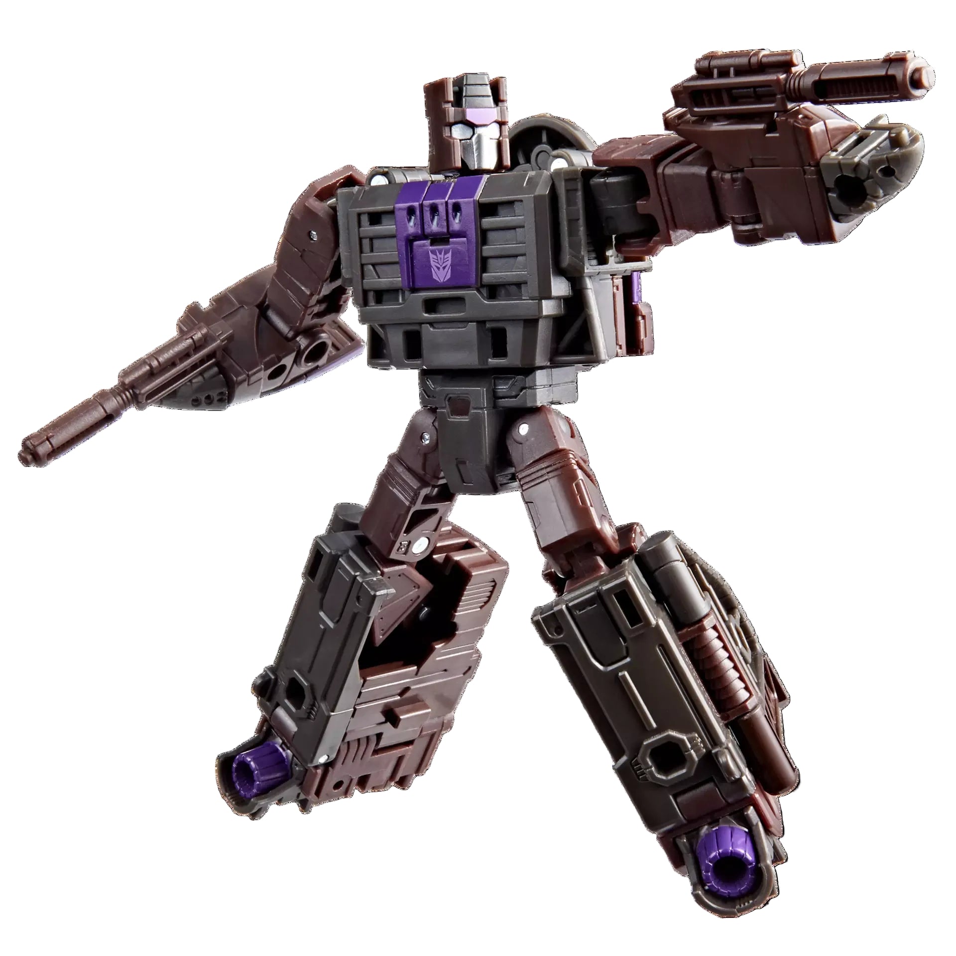 Toy robot figure with a purple emblem on a white background