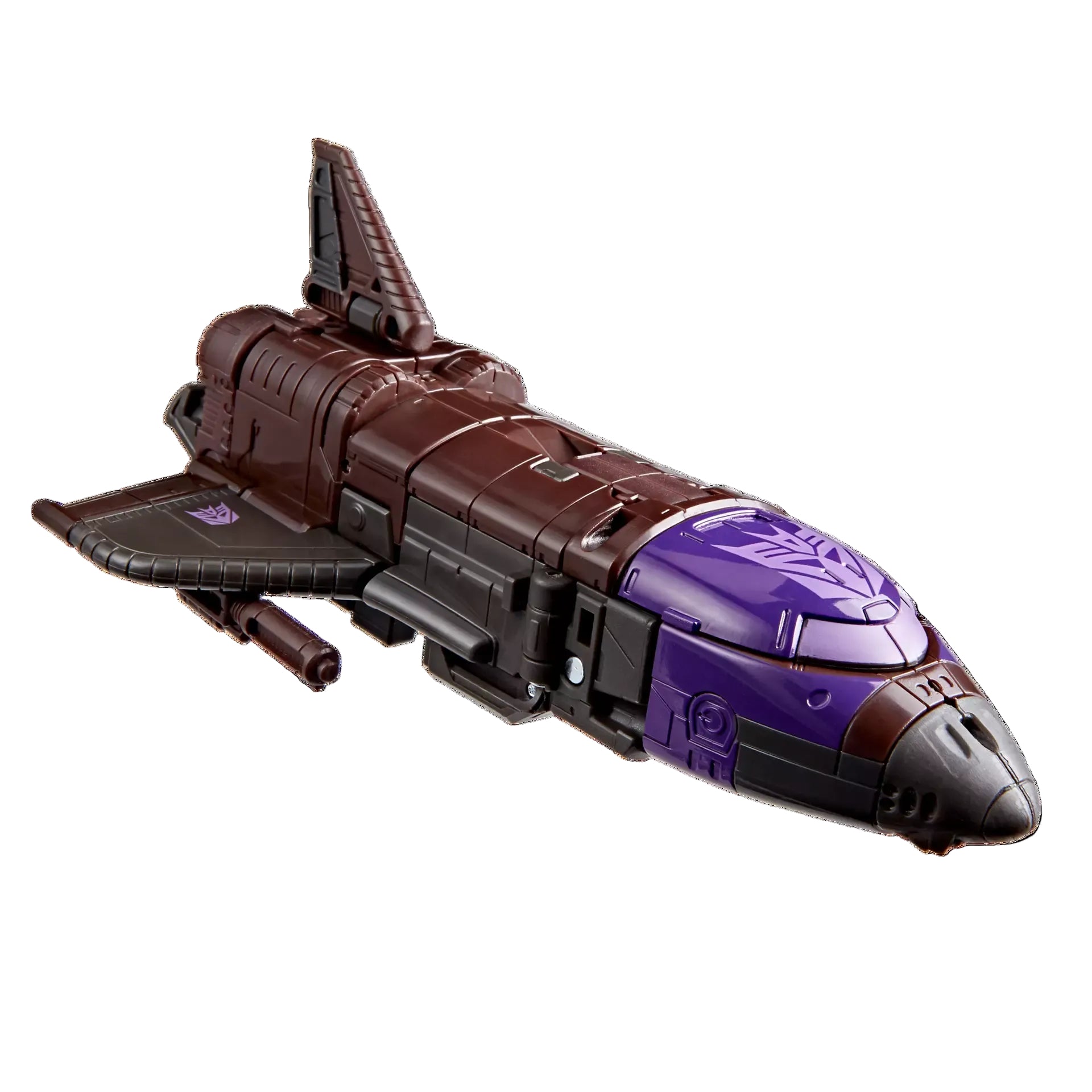 Toy spaceship with purple and brown colors on a white background