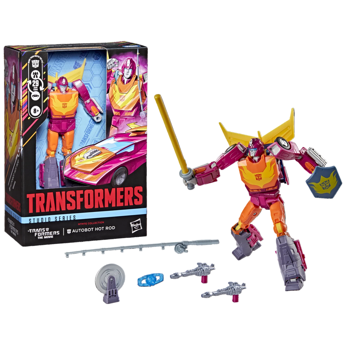 Transformers Radii Series Autobot Hot Rod toy figure shown with its retail box and several accessories on a clean white background. The figure is primarily orange and magenta with yellow wings and gray mechanical parts, holding a gold sword and shield.