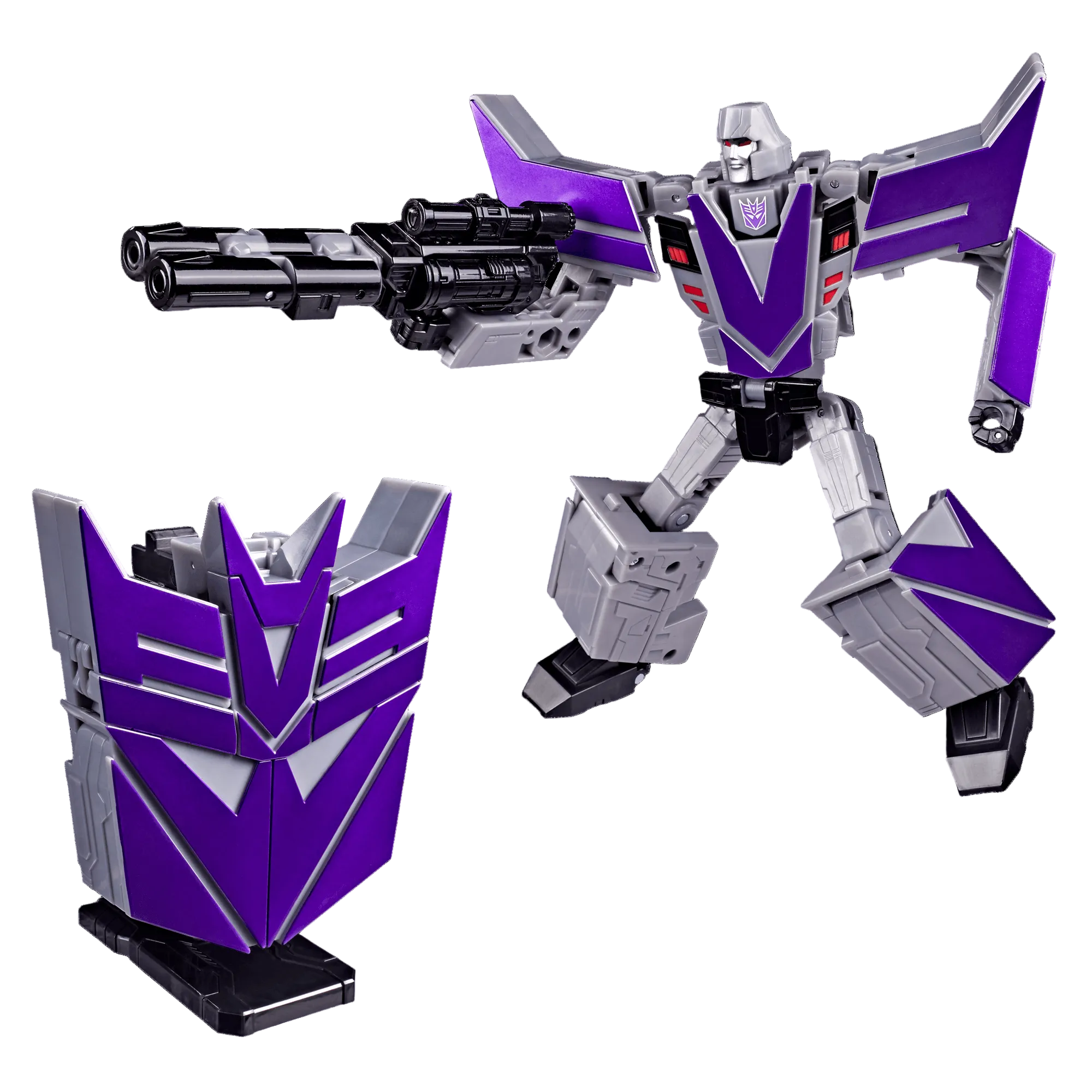 A Transformers-style robot action figure shown in two views on a plain white background: one full-body standing pose holding a black weapon, and one front-facing close-up of the head/face area. The figure is primarily silver-gray with bold purple panels and small black details.