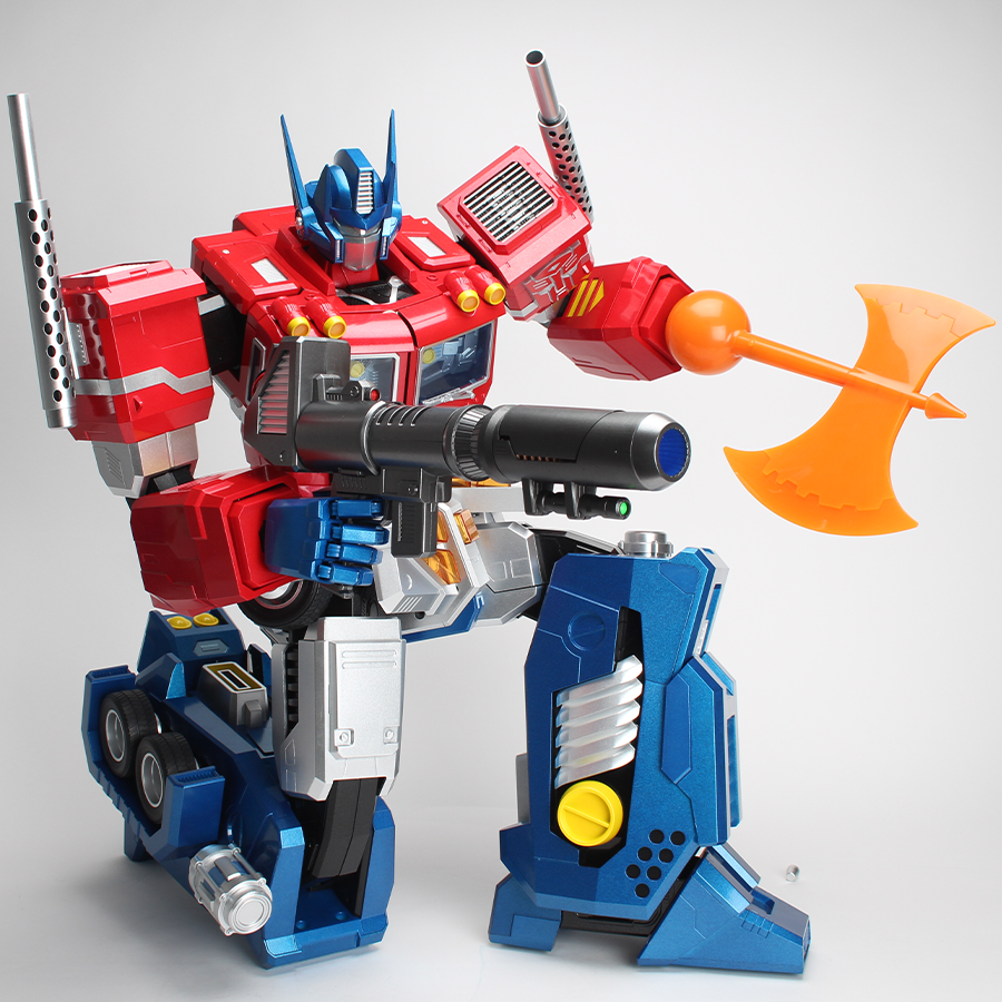 Toy robot figure with red and blue colors on a gray background