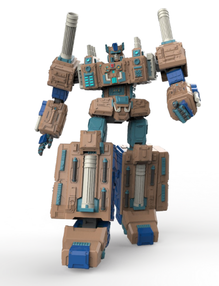 A toy robot action figure with a tan and blue color scheme, standing on a white background.