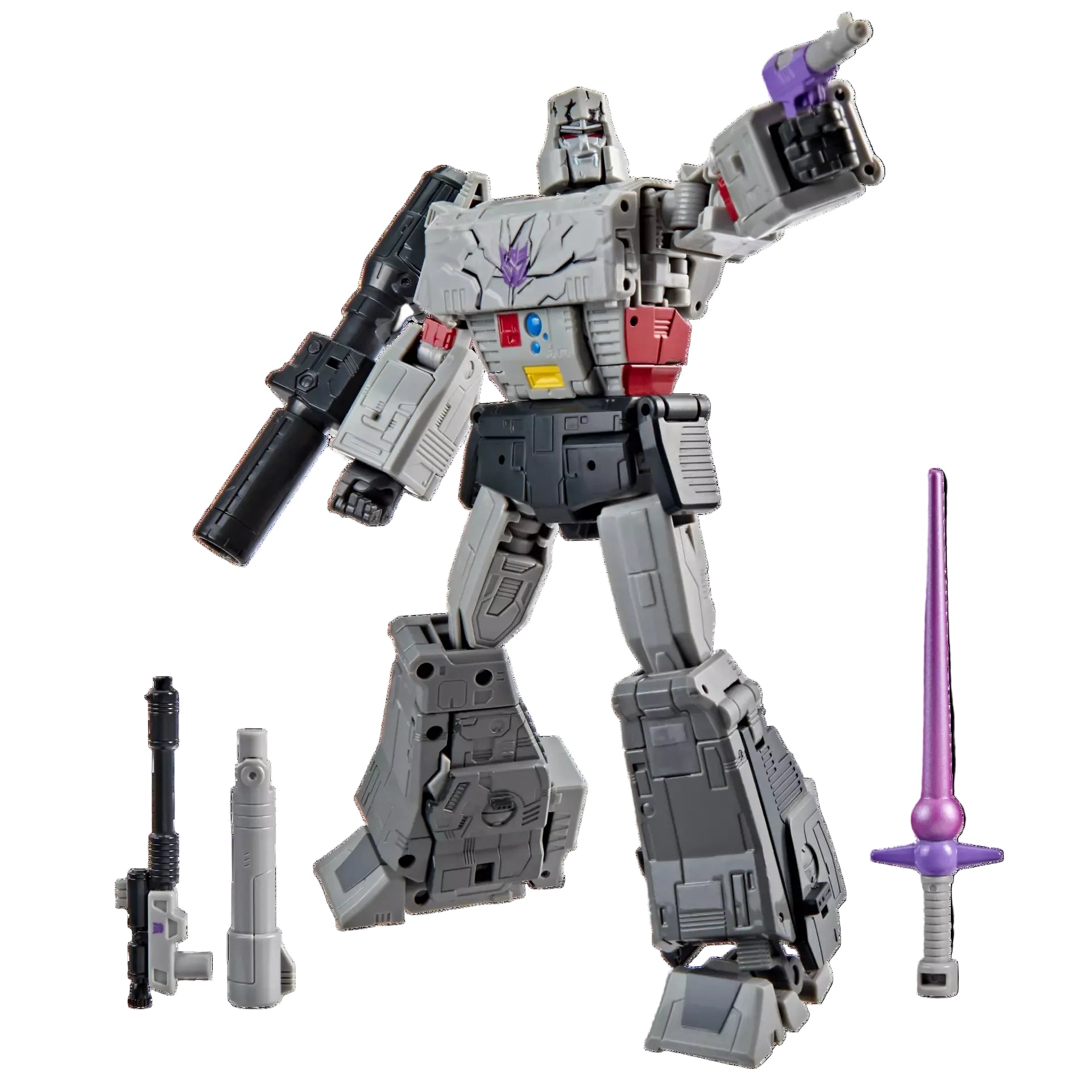 A gray and black Transformers-style robot action figure with purple and red accents, shown standing on a white background with several accessory weapons and parts around it.