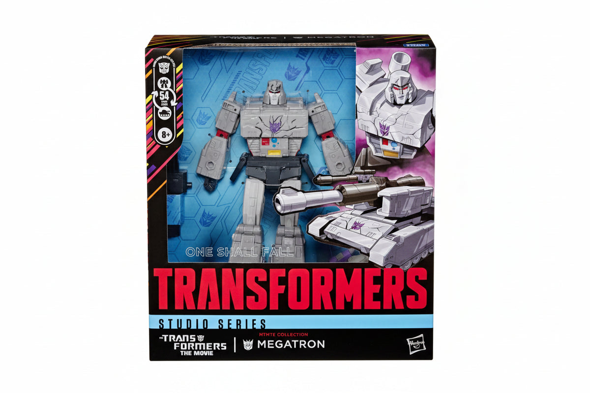 Transformers toy figure in packaging with 'One Shall Fall' text