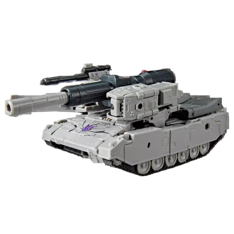 A gray and black toy tank model with a long cannon, mounted gun sight, and a purple emblem on the side, shown against a plain white background.