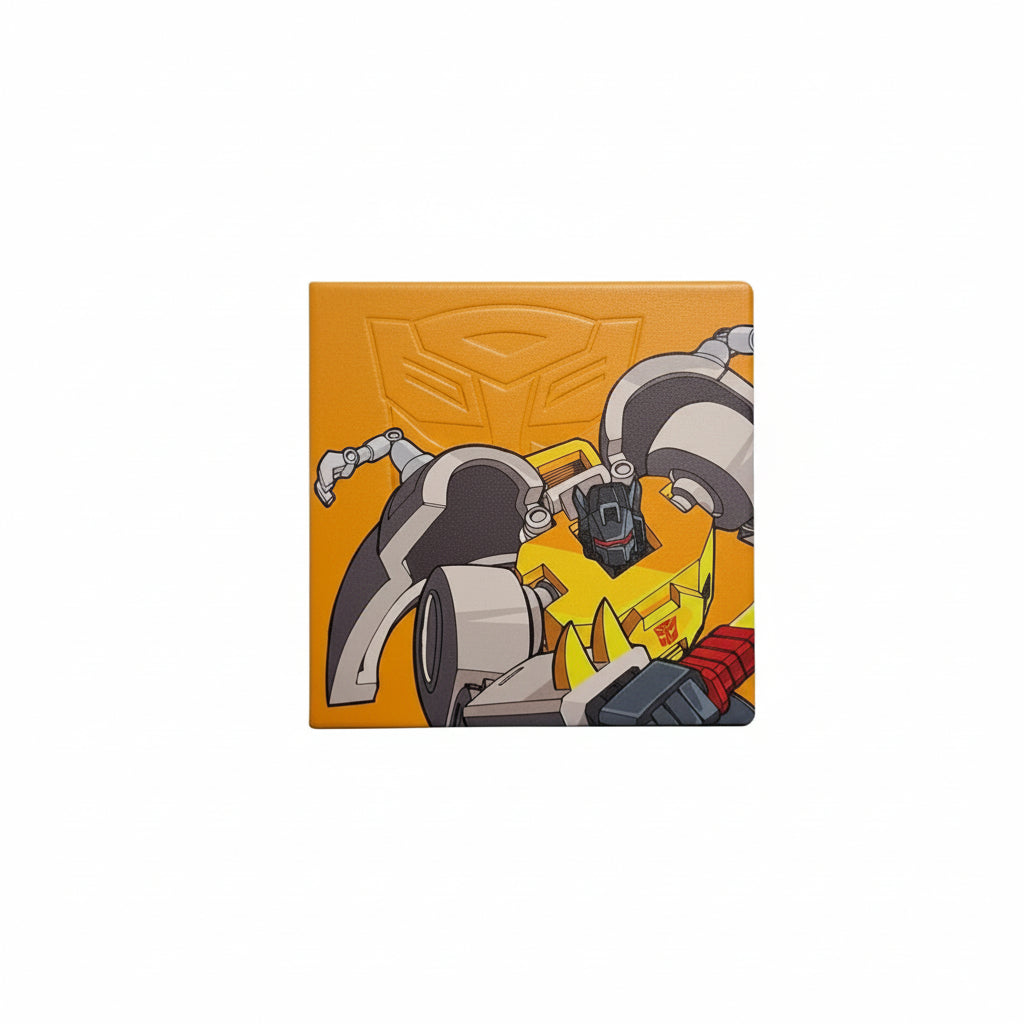 Square product packaging with a robot illustration on an orange background