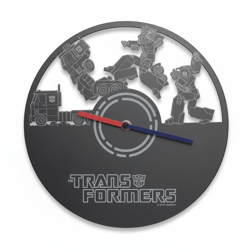 Transformers-themed wall clock on a gray surface