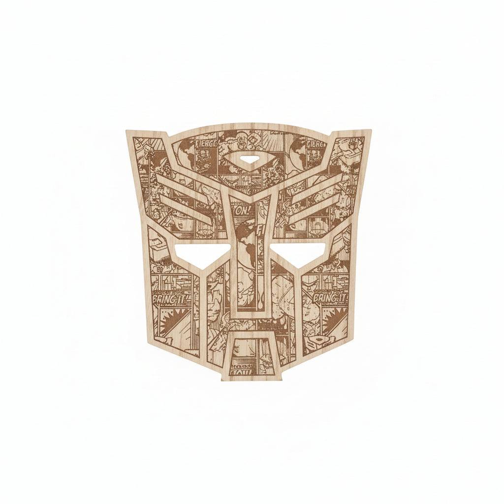 Cardboard cutout of a robot face design on a wooden surface