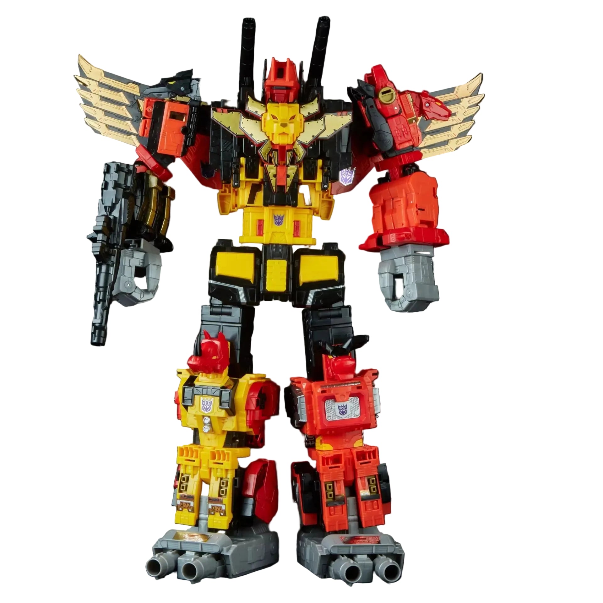 Toy robot figure with red, yellow, and black colors on a dark background