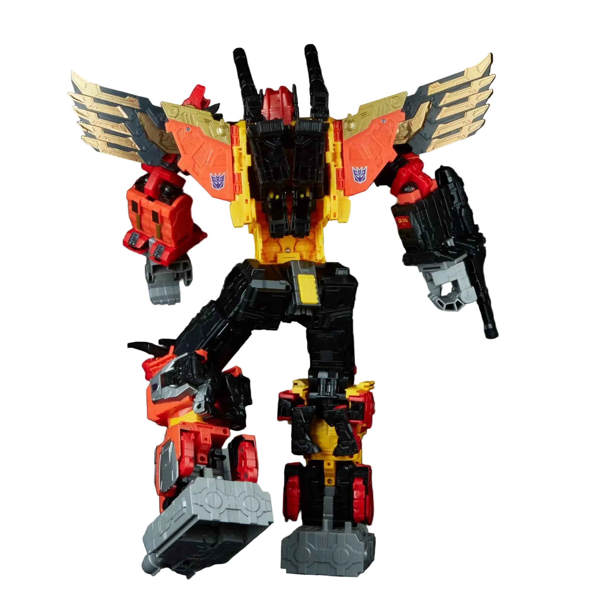 Transformable robot toy with red, yellow, and black colors on a dark background