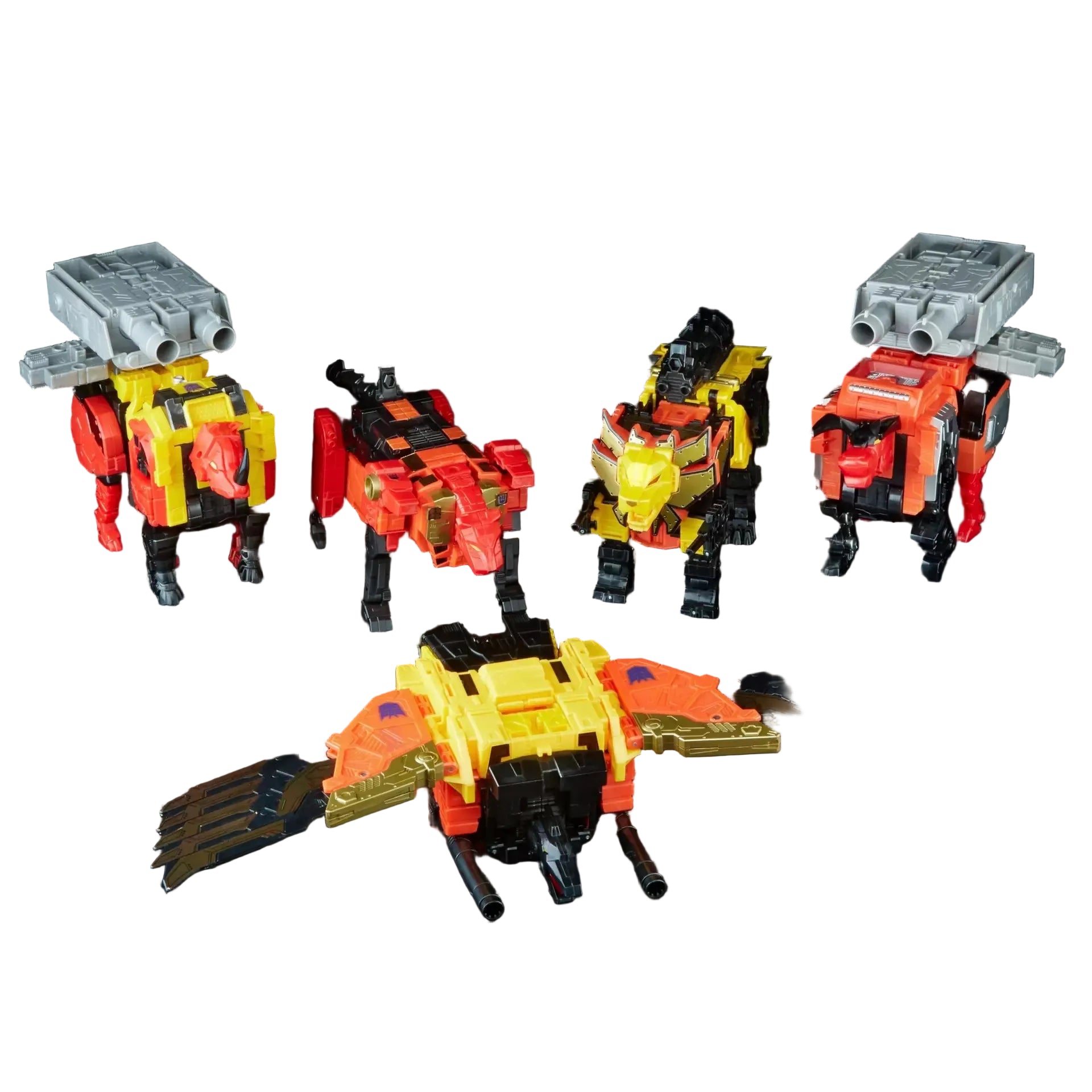 Collection of toy robots in various poses on a dark background
