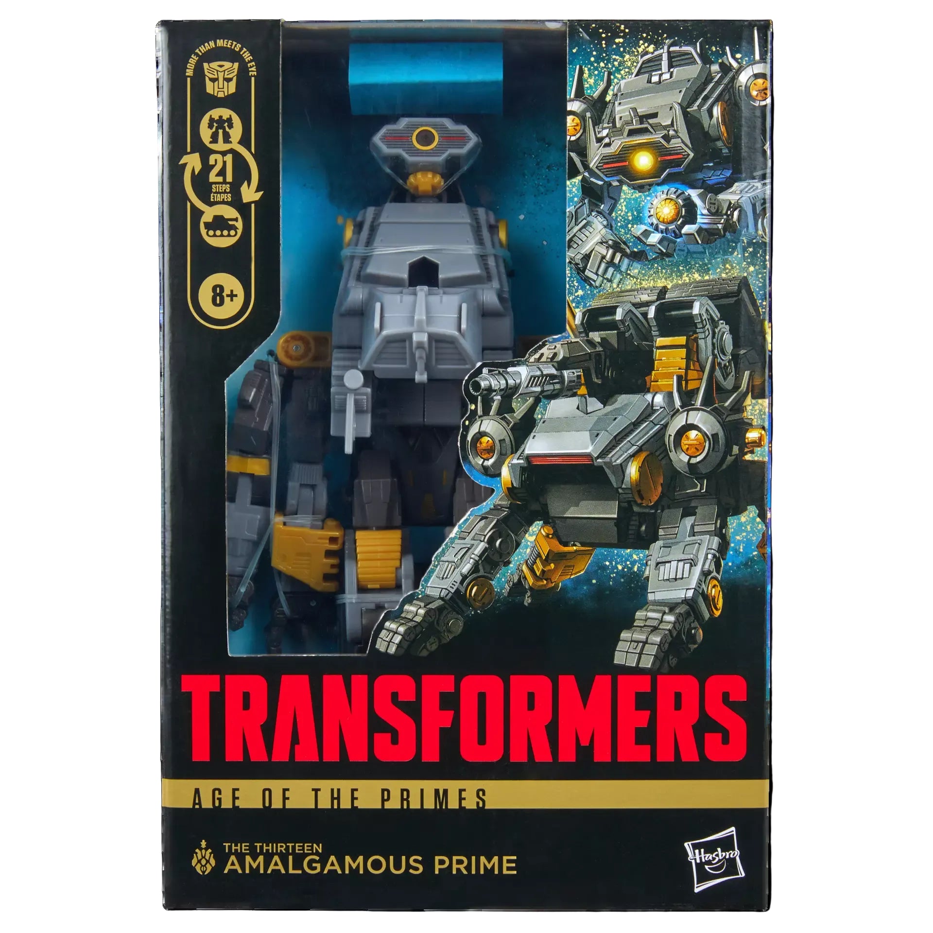 Transformers toy packaging with robot and vehicle forms on a black background