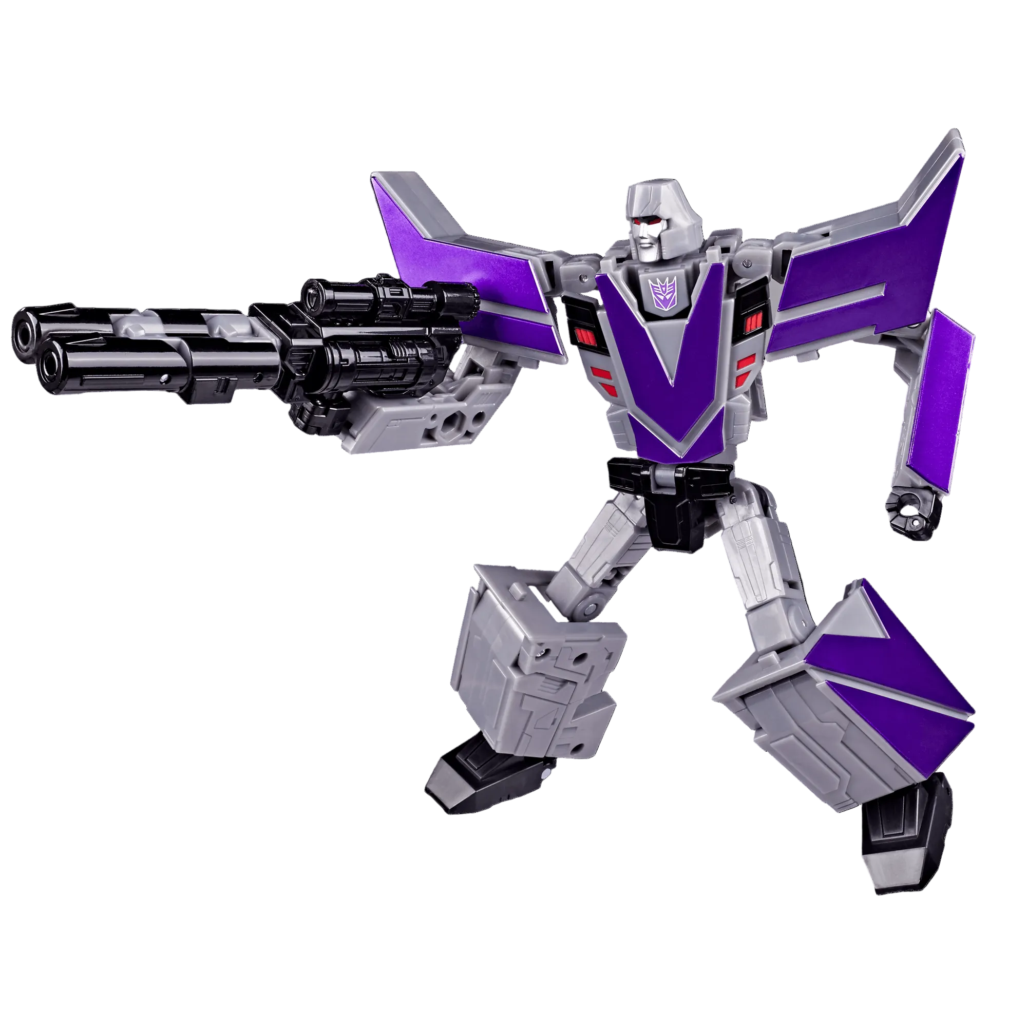A Transformers-style robot action figure in a dynamic pose, colored primarily in metallic silver and purple with black weapon and joint details, isolated on a white background.