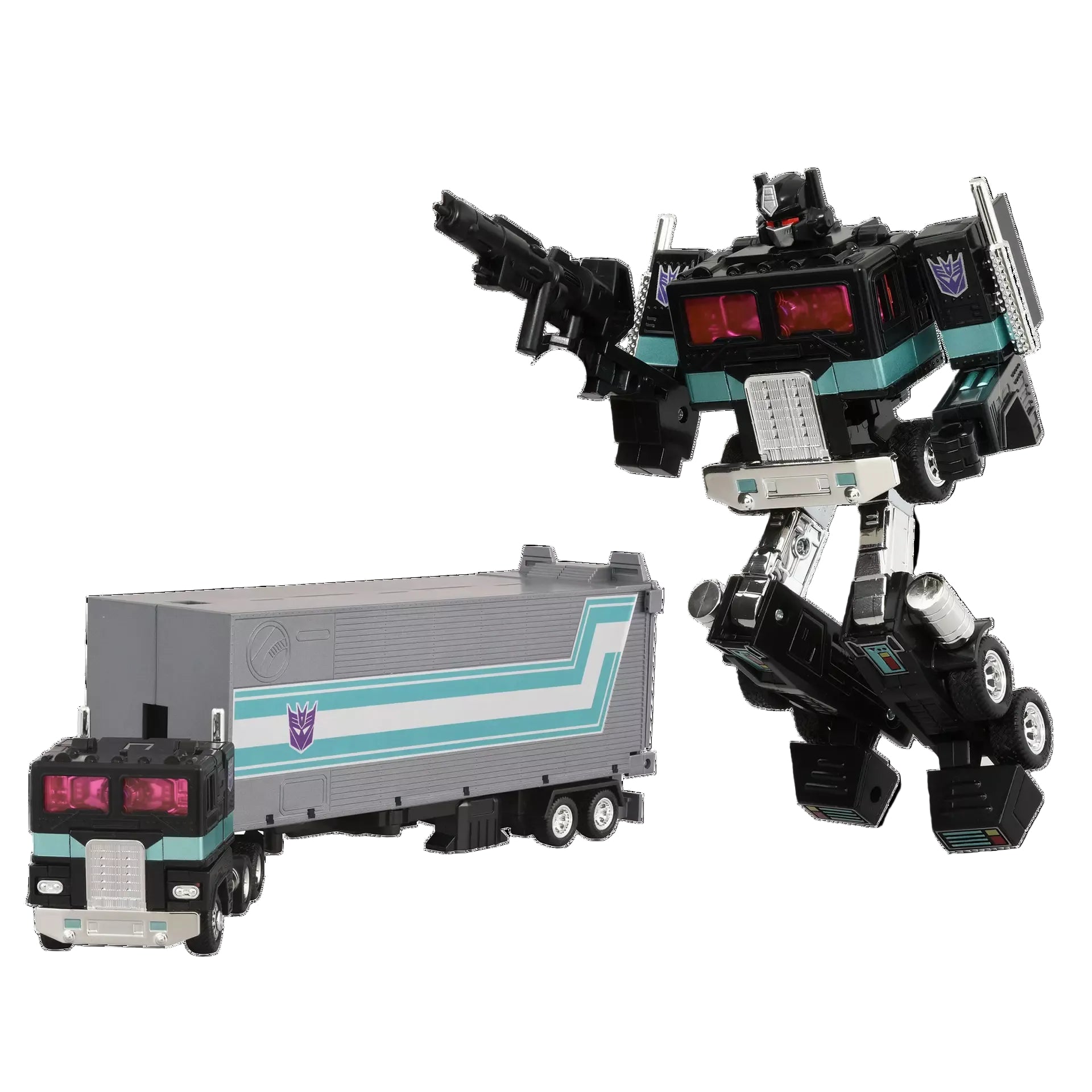 Transforming toy figure in robot and truck modes on a white background