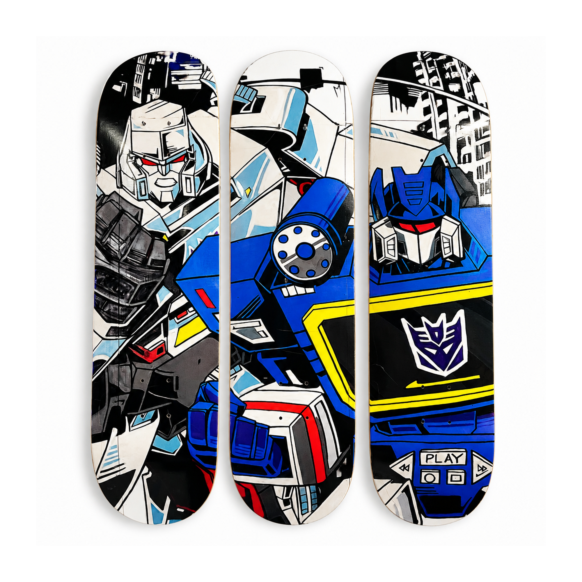 Three skateboard decks featuring Transformers robot graphics, including Megatron and Soundwave, arranged side-by-side on a white background.