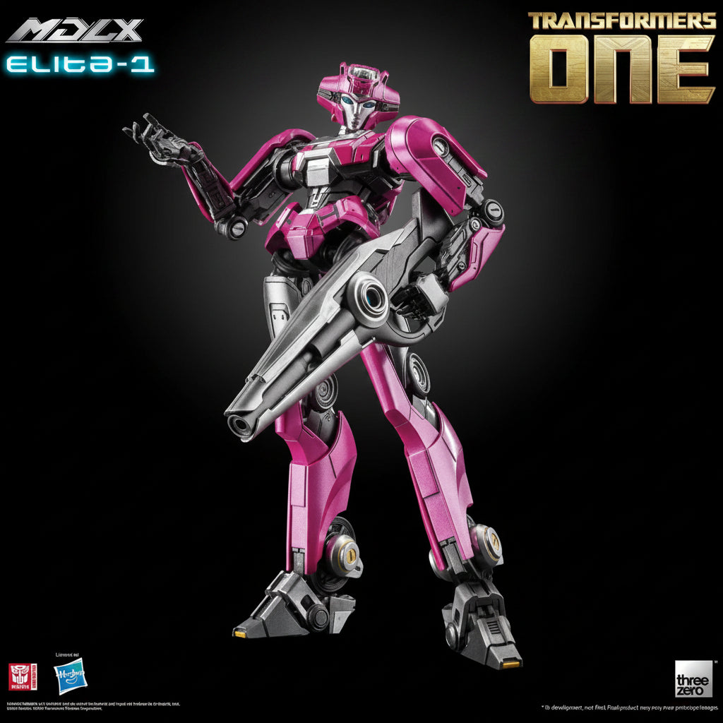 Pink and silver robot toy figure with 'Transformers' branding on a dark background