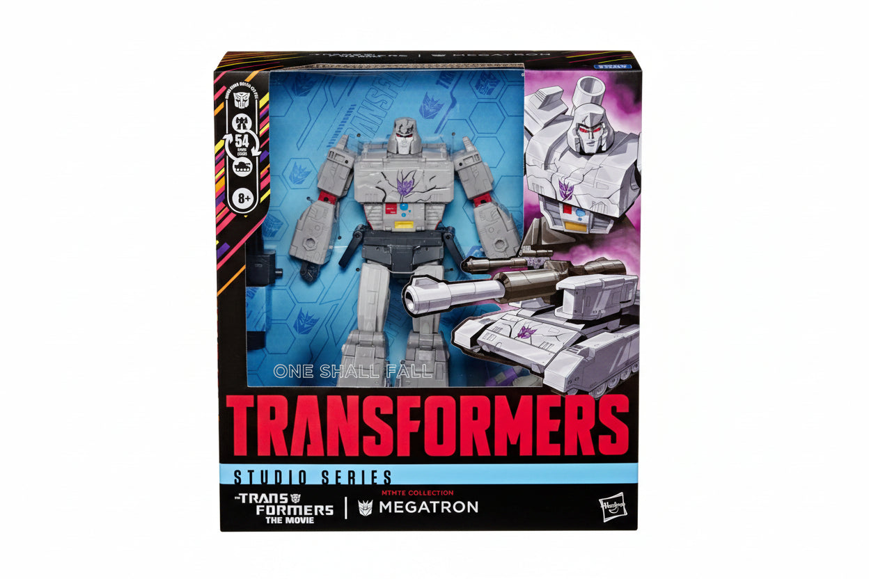 Transformers toy figure in packaging with 'One Shall Fall' text